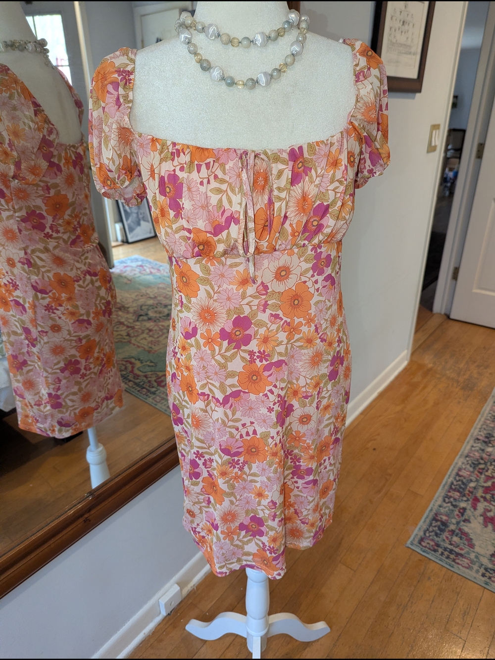 Primark Pink & Orange Floral Square-Neck Puff Sleeve Mini Dress - Picture 6 of 10